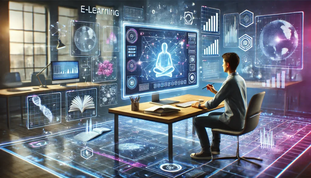 A boy with pencil in his hand is sitting in front of computer monitor. The monitor is sitting on top of brown table. A keyboard, books, mouse and pencil-holder are also placed neatly on the table.